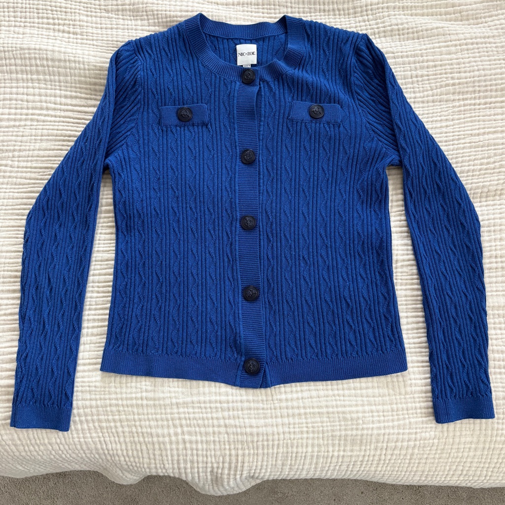 Nic+Zoe Textured Snap Cardigan Womens Size Small Blue Button Front Cable Knit